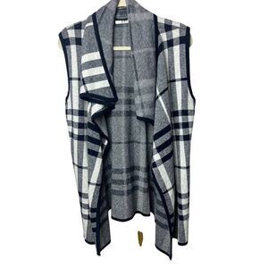 OST Navy Plaid Cotton Cashmere Long Open Sweater NWT Sz. L